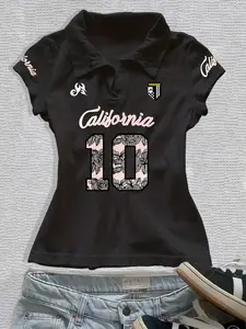 Women's V-Neck Short Sleeve Polo Shirt, Simple Print Fitted Summer Top, Comfortable Casual Wear for All Seasons Womenswear Lady