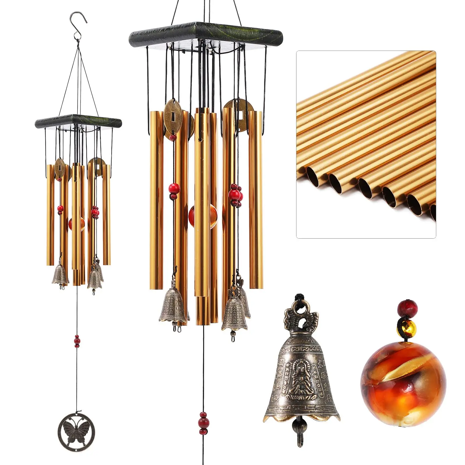Traditional Chinese Wind Chime, Elegant 8-Tube 5-Bell Design, Durable Bronze Construction, Perfect for Yard & Garden Decor, 60cm Height