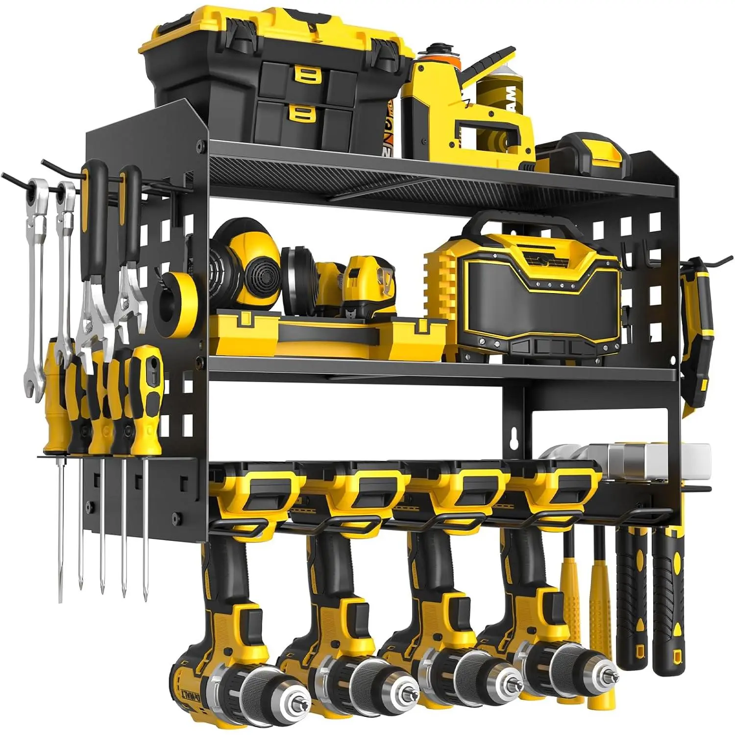 2/3 Layer Heavy Duty Tool Organizer Rack - Power Tool Organizer & Drill Holder Wall Mount with 2 Side Pegboards and Hooks, Garage Organization for 4 Drill Holders
