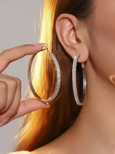Large Hoop Earrings with Full Rhinestones, Silver Color Sparkling Water Drills, Girls' Party Daily Wear, Super Shiny Ear Jewelry