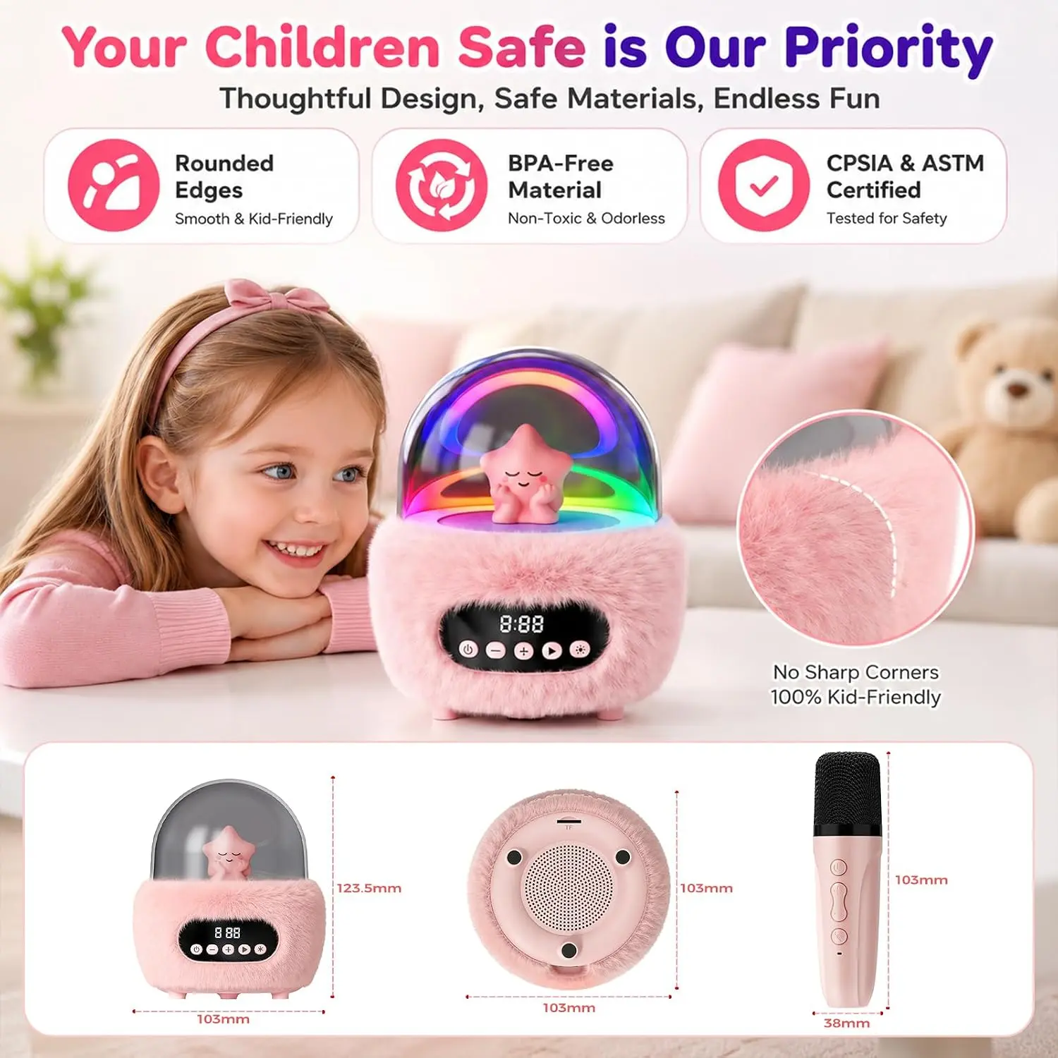 BEBANG Mini Karaoke Machine for Kids, Portable Bluetooth Speaker with 2 Wireless Microphones, Batteries Included, Bluetooth Play Function, Fashion Toy Gift for 3+ Year Old Girls (Christmas/Birthday), Karaokemachine, 3+ Years