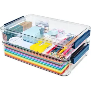 2 Pcs 5.5qt 9 x 13 Clear Plastic Portable Project Case With Snap-Tight Latch Stackable Storage Box With Lids Organizer For A4 File Photo Documents Scrapbook Craft Art Supplies