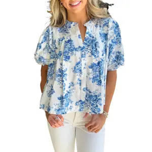 Women's Sky Blue Floral Tiered Puff Short Sleeve Pleated Bust Buttoned Casual Shirt
