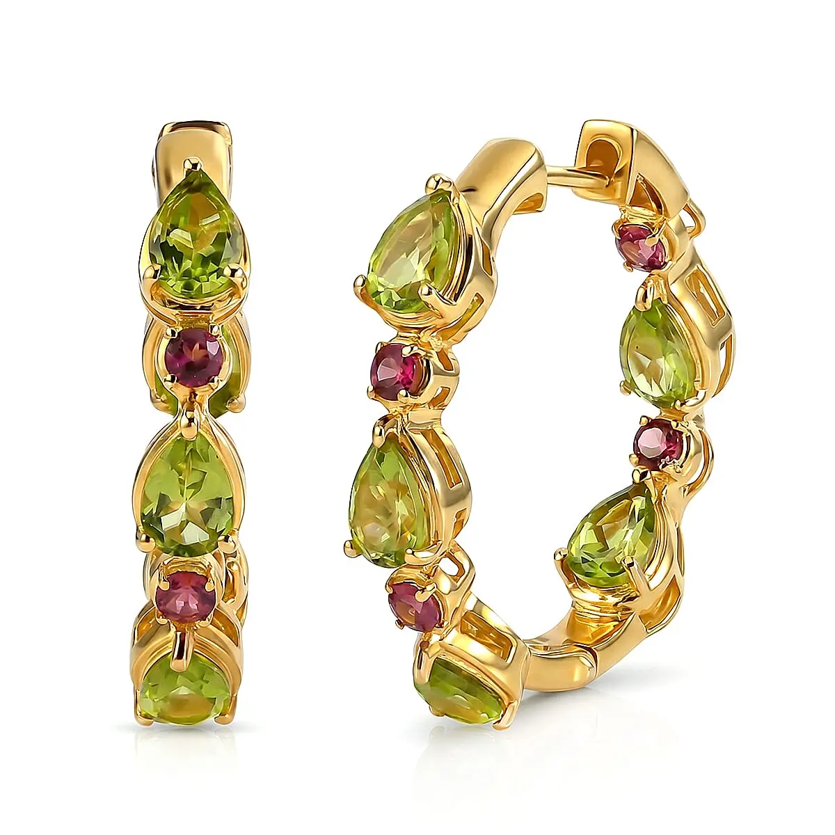 EverTrue Hebei Peridot, Orissa Rose Garnet Sunlit Blossom Hoop Earrings in 18K YG Plated 7.15 ctw