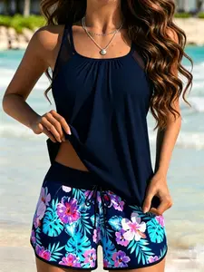 Women's Plants Print V Neck Swimdress & Tankini Set, Casual Sleeveless Swim Dress & Swim Top Two-piece Swimsuit, Tummy Control，Tropical Print，Floral Print Swimsuits for Beach Holiday Vacation, Ladies Swimwear for All Seasons