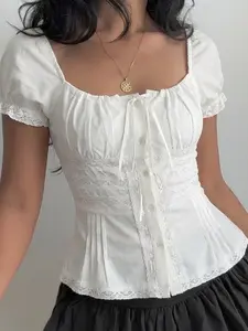 Lace Patchwork Bow Tie Round Neck Shirt Vintage Bubble Short Sleeve Button Up Cute Girl Spring Summer Top