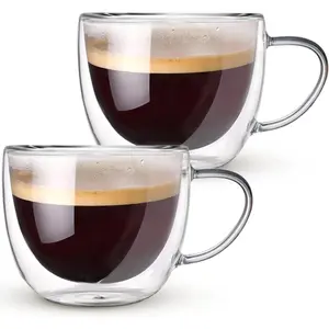 Double Walled Glass Coffee Mugs Set of 2, 8 oz Hand Blown Insulated mugs with Handle, Clear Coffee Mugs for Cappuccino, Latte, ,  Bag, Beverage Glasses Heat Resistant Coffee Cups