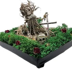 Haunted Skeleton Graveyard Terrarium Gothic Halloween Tabletop Decor with Cross and Roses on Green Moss