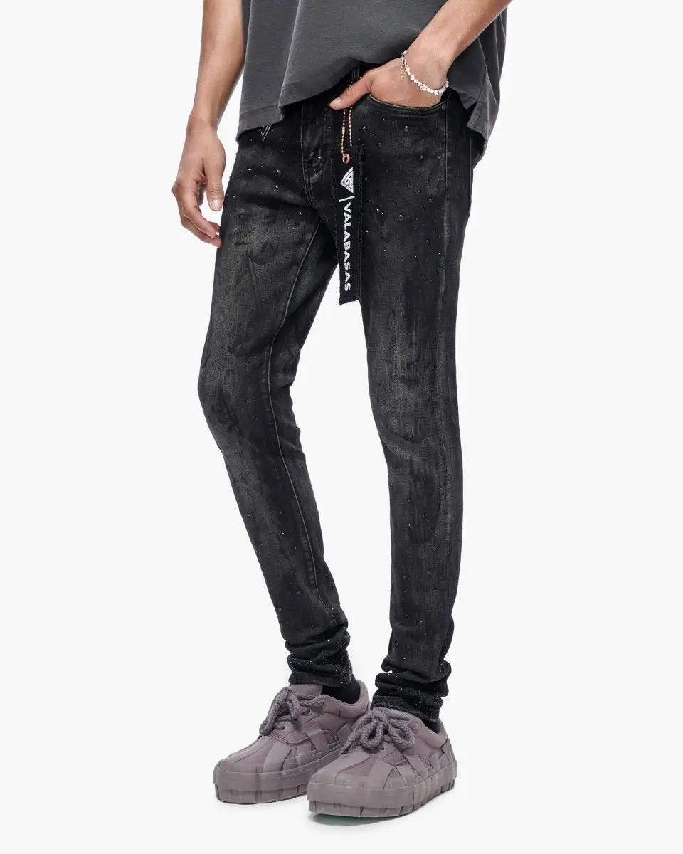 Men's Skinny Jeans with All-Over Rhinestones - Black Wash Stretch Denim, 5-Pocket Design with Button Fly, Spandex, Menswear, Slim Fit, Skinnies, Rhinestone Accents, True Size, Zipper Closure