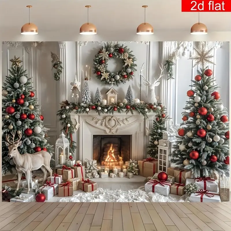 Christmas Theme Photography Backdrop, Christmas Tree Elk Pattern Party Banner, Bright and Durable, Suitable for Winter New Year Holiday Wall Decoration, Living Room, Outdoor Decoration