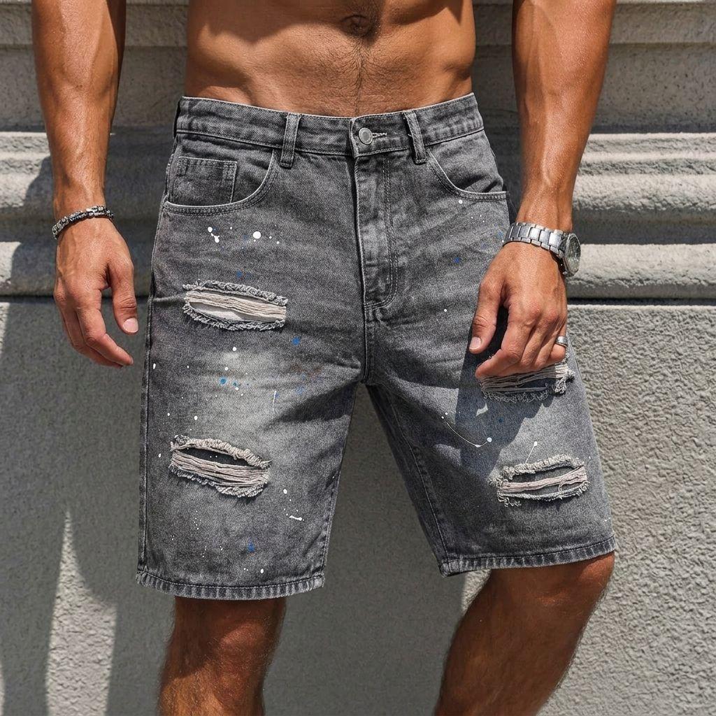 Men's Baggy Distressed Denim Shorts Paint Splatter Elastic Waist Mid Length Non-Stretch Casual Streetwear Jorts