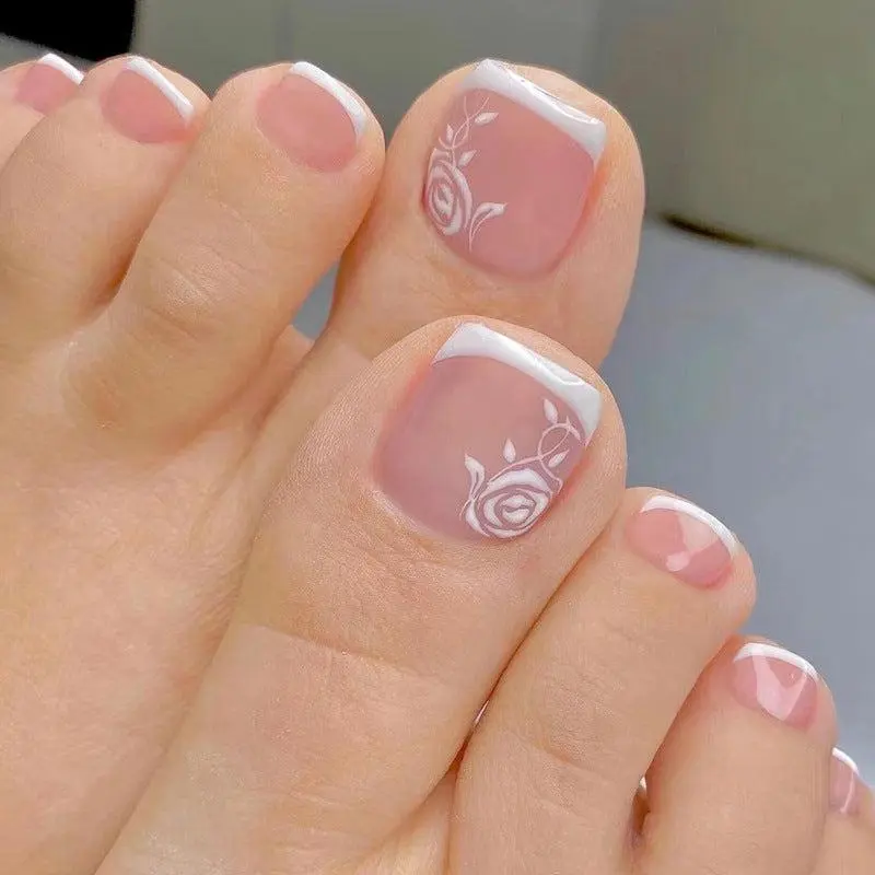 Elegant  Pedicure – Classic White  Tips with Delicate Rose Floral Design, Nude Pink Toe Nail Art, Press-On Toenails, Summer Beach Pedicure, Wedding & Everyday Wear, Natural Look Fake Toenails for Women french tip press faux diy stripe