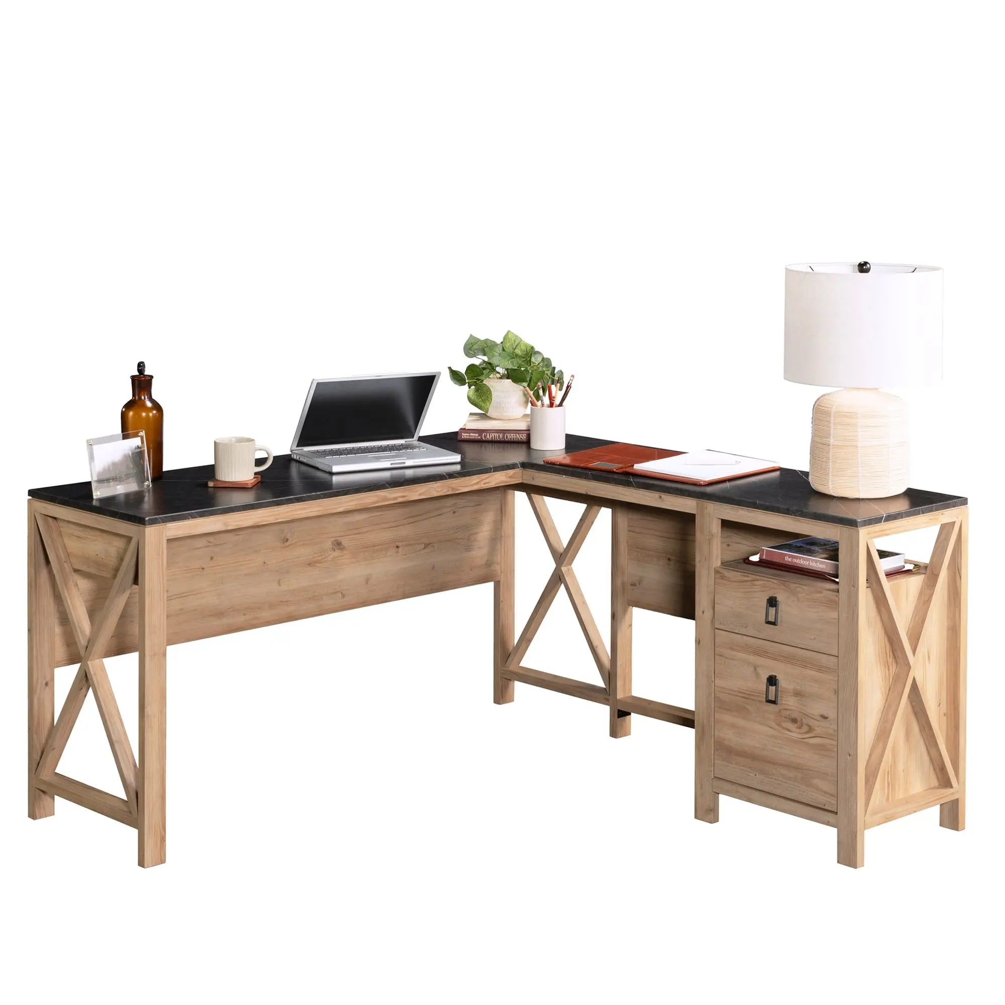 Sauder Newberry Lane L-Shaped Desk with Spacious Work Surface, Two Full-Extension Drawers, and Open Shelf for Home Office or Workspace