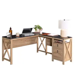 Sauder Newberry Lane L-Shaped Desk with Spacious Work Surface, Two Full-Extension Drawers, and Open Shelf for Home Office or Workspace