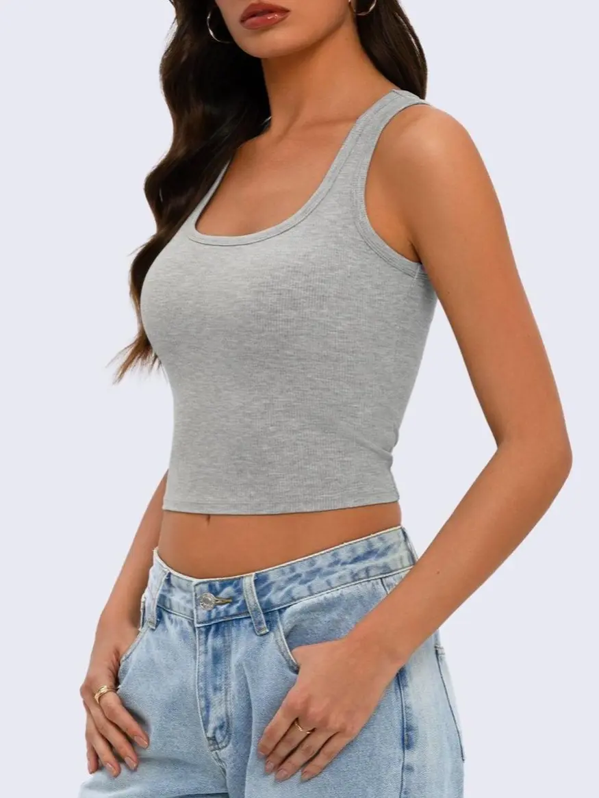 WIETRY Women's Ribbed Tank Top with Removable Pads, Scoop Neck Cropped Cami, Stretchy Soft Y2K Basic Top for Casual & Workout