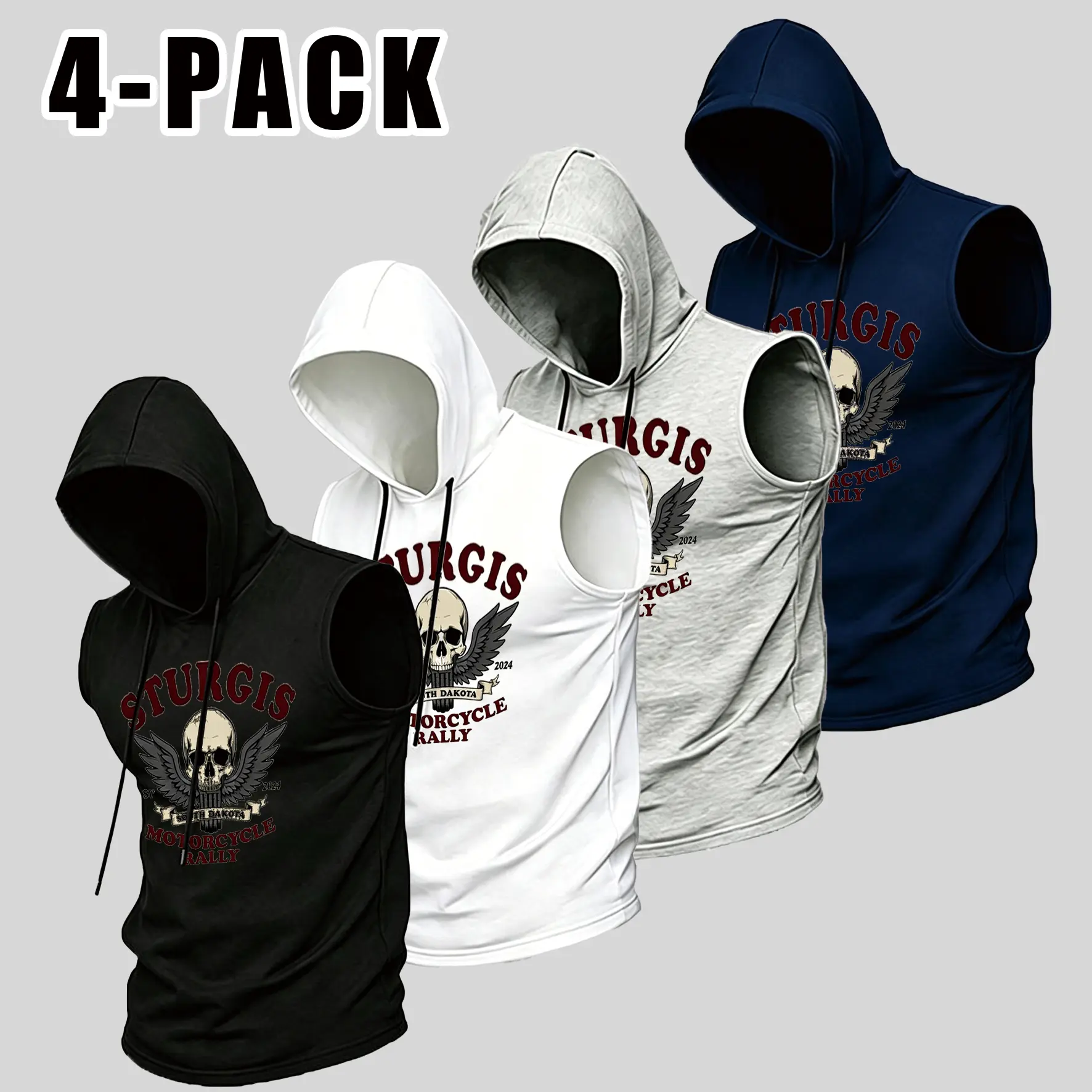 Vintage Sturgis Motorcycle Rally Skull Wing Sleeveless Hoodie For Men Retro Biker Graphic Muscle Tank Hooded Top