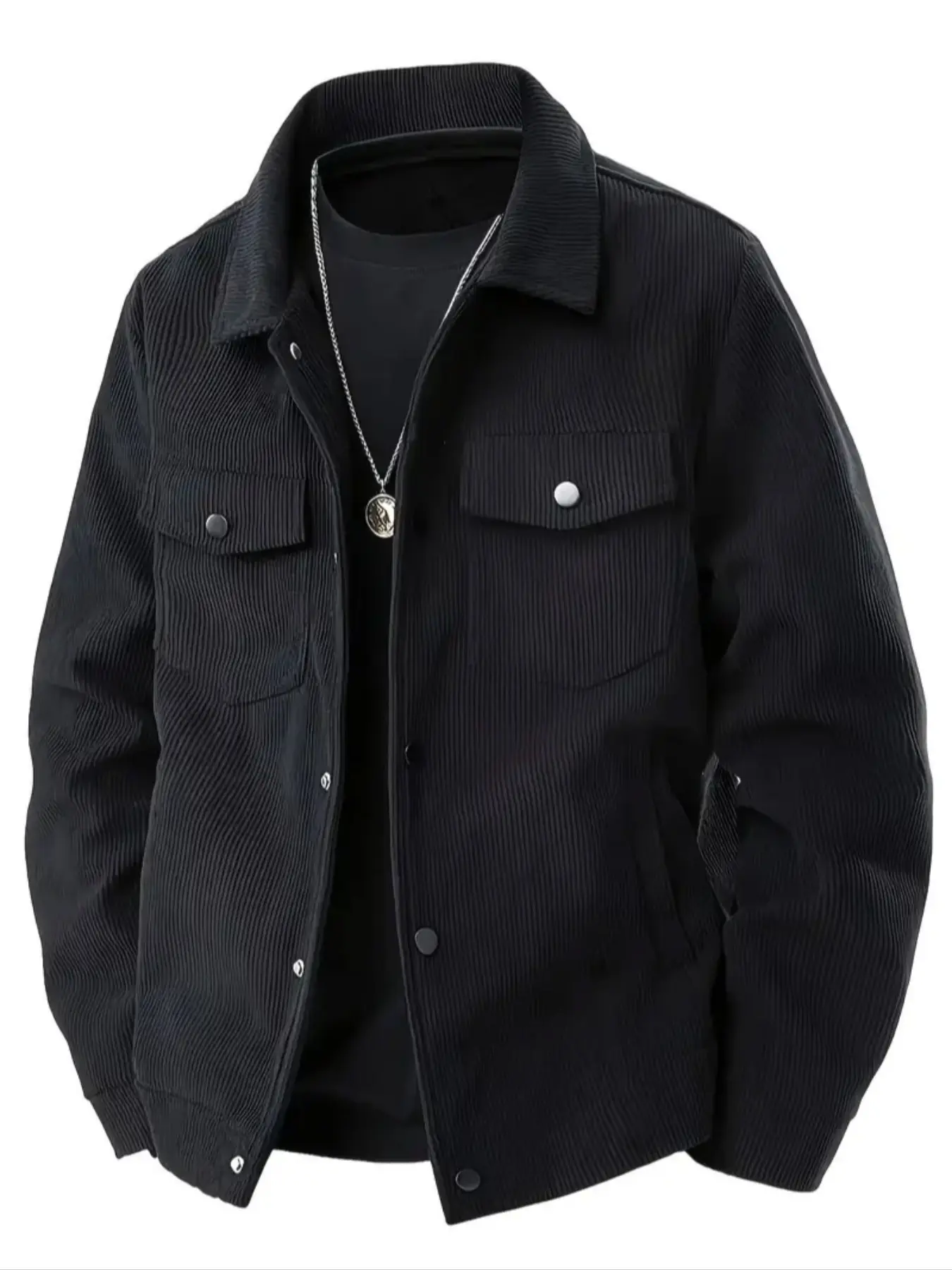 Men's solid color plain lapel button front opening with pockets corduroy jacket, suitable for autumn and winter wear men's outerwear, casual daily comfort version of the top Coats