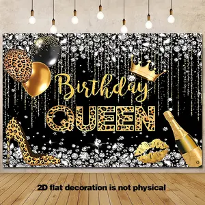 2D Flat Banner 1pc, Birthday Queen Background, Women Leopard Gold Diamond Crown Balloon Champagne Photography Backdrop