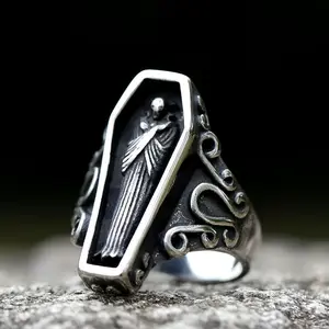 New Men's 316L Stainless Steel Ring New Creative Designs Double Skull Coffin Ring For Men Gothic Punk Jewelry