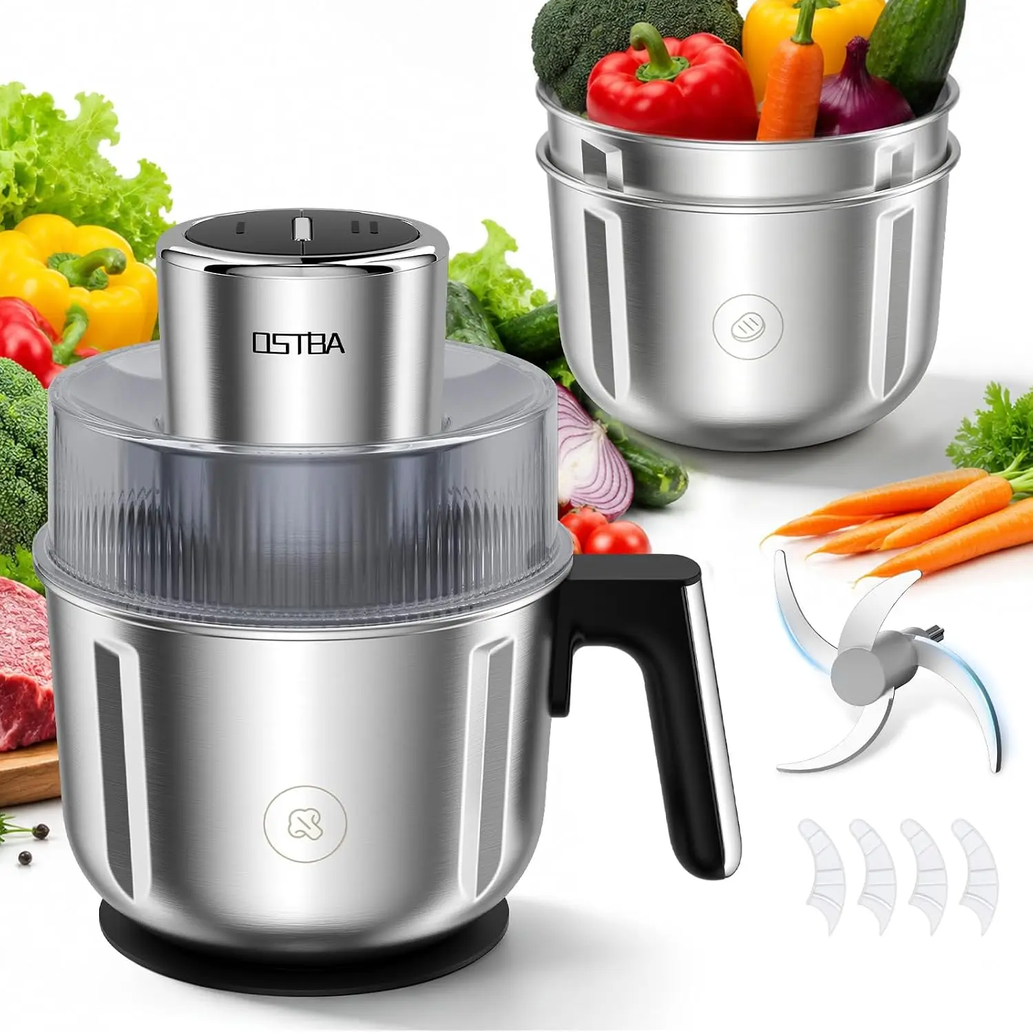 OSTBA Compact Food Processor - 350W Stainless Steel Grinder/Chop Appliance with 3 Bowls, Meat Grinder and Vegetable Chopper
