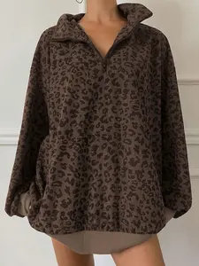 Women's Comfortable Casual Spring Homewear Long Sleeve Zipper Leopard Print Sweatshirt, Ladies Home Clothing Top