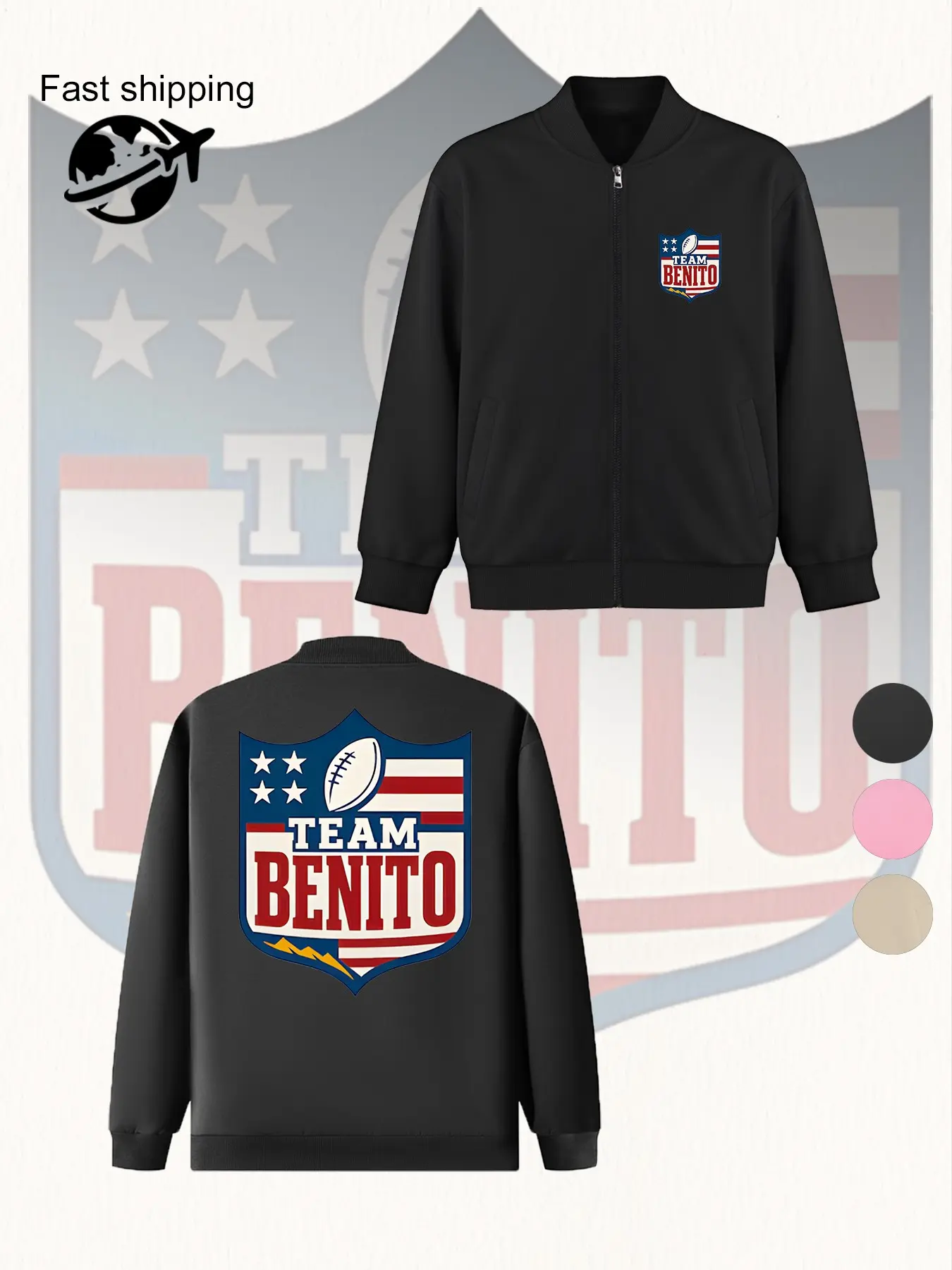 Big Game Team Benito Graphic Zipper Jacket, Casual Fitted Design, Polyester Knit Fabric, Pocket Details, Fall Winter Wear