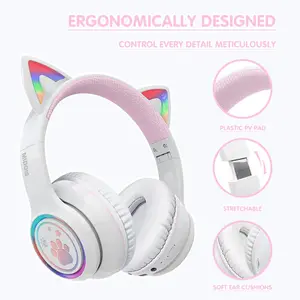 MOKATA Cute Cat Ear Bluetooth Headphones with Multicolor RGB Lights, 45H Ultra Long Battery Life, Fluffy Ear Pads, Foldable Design for Anime Fans Home & Outdoor Use