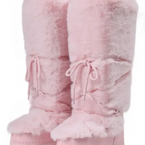 EROCALLI Women's Winter Knee-High Cute Faux Fur Snow Boots - Round Toe, Leather & Faux Leather, Insulated Cotton Sponge Lining, Laces, Waterproof, Anti-Slip Rubber Sole, Flat No Heel, Cold Weather Outdoor Footwear