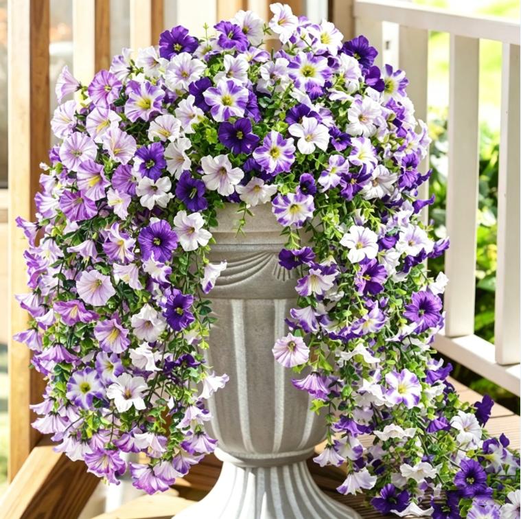 Outdoor simulation violet flowers, 2/4-piece set of UV-resistant fake hanging plants, silk long hanging vines for spring outdoor potted plants, porch and garden decor, suitable for Mother's Day, Thanksgiving, Christmas, wedding decorations and more.
