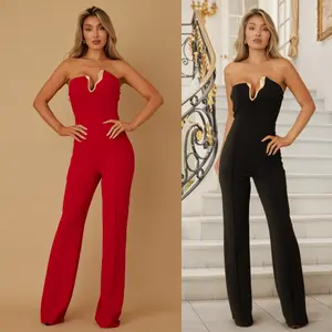 STRAPLESS JUMPSUIT - SQUIGGLE METAL FRAME DETAIL - UNEVEN METALLIC TRIM SUPPORT - SIMPLE AND CLASSY - FLARE BOTTOM - ZIPPER ON THE BACK