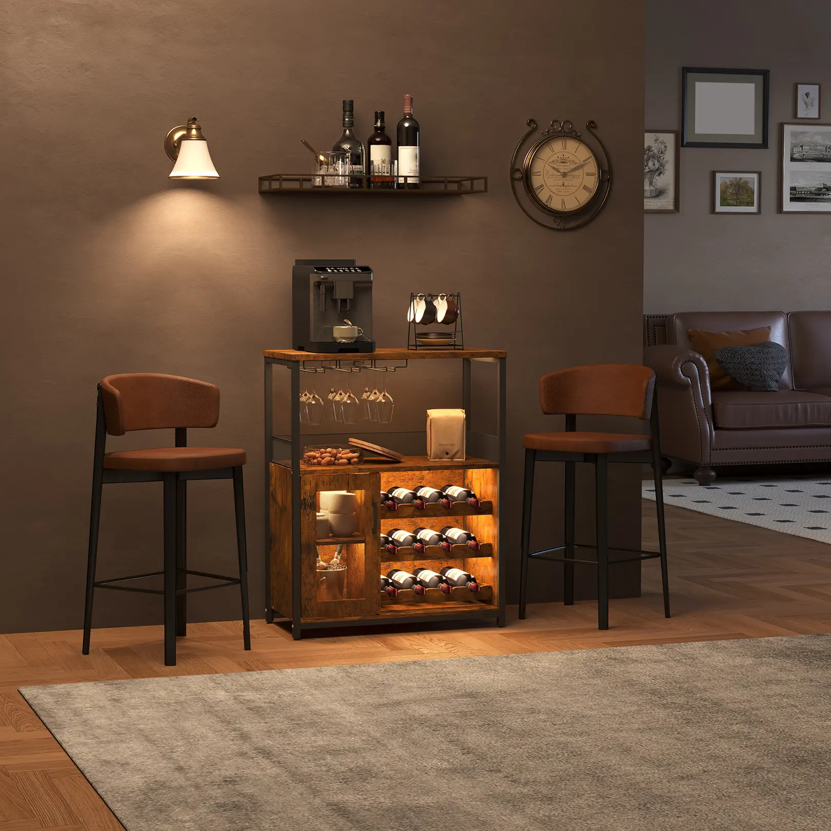 Garvee 3-Tier Wine Bar Cabinet – LED Light, Detachable Wine Rack, Adjustable Shelves, Glass Holder, Mesh Door, Sideboard Buffet for Liquor, Glasses, Home, Dining, Living, Kitchen – Rustic Brown or Black