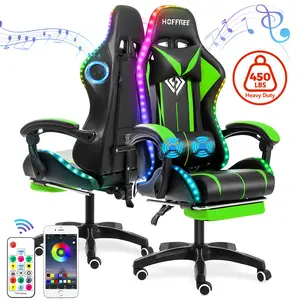 Hoffree Christmas gift Gaming Chair with Speakers PU Leather Office Chair with Footrest and LED Lights Ergonomic Gamer Chair Headrest Adjustable Swivel for Home Office 300lb Christmas birthday gift