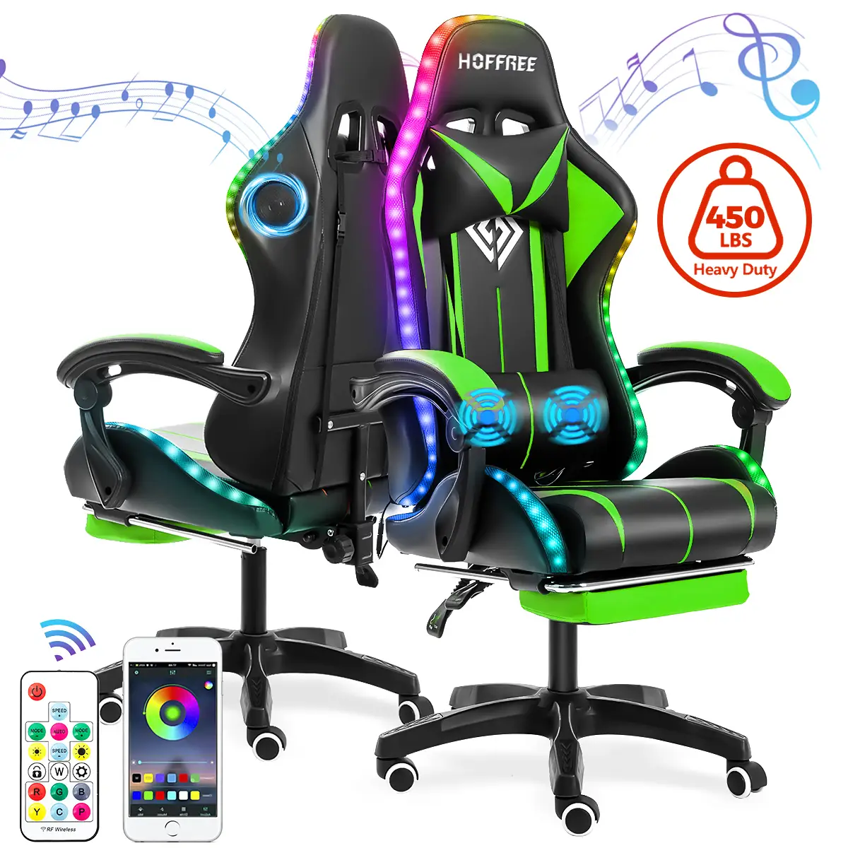Hoffree Christmas gift Gaming Chair with Speakers PU Leather Office Chair with Footrest and LED Lights Ergonomic Gamer Chair Headrest Adjustable Swive