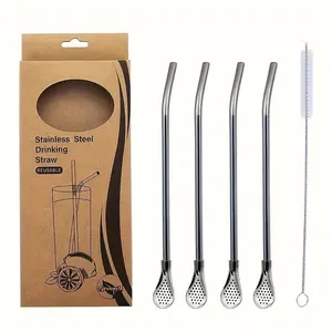 Stainless Steel Reusable Drinking Straws Set, Includes Filter Spoon & Cleaning Brush, Perfect for Yerba Mate Tea, Durable Kitchen Essentials