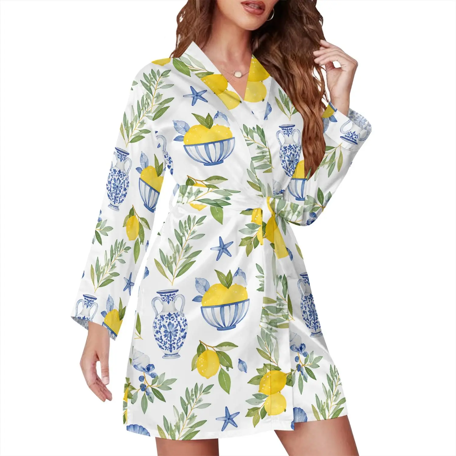 White Satin Pajama Robe with Lemon & Vase Print, Summer Wrap-Style Loungewear - TikTok Favorite for Cozy Nights