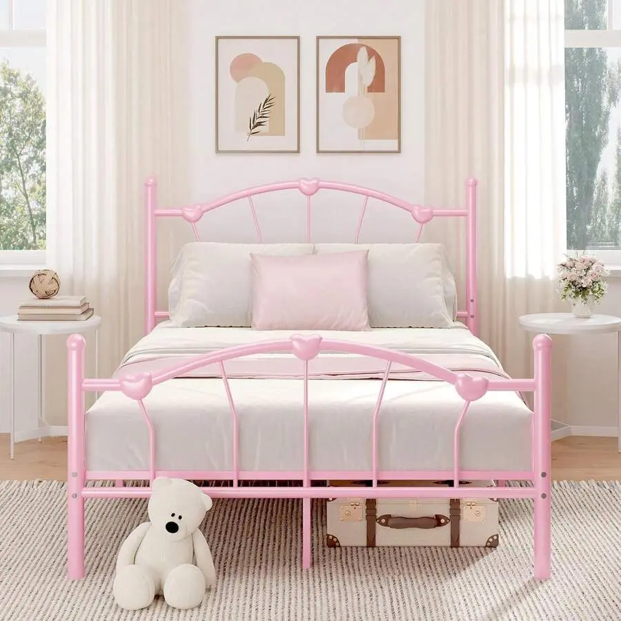 Metal Platform Bed Frame, Modern Bed Frame With Headboard, Heart-Shaped Design, Princess Bed For Girls, Easy Assembly, Pink/ Purple/ White, Twin/ Full/ Queen