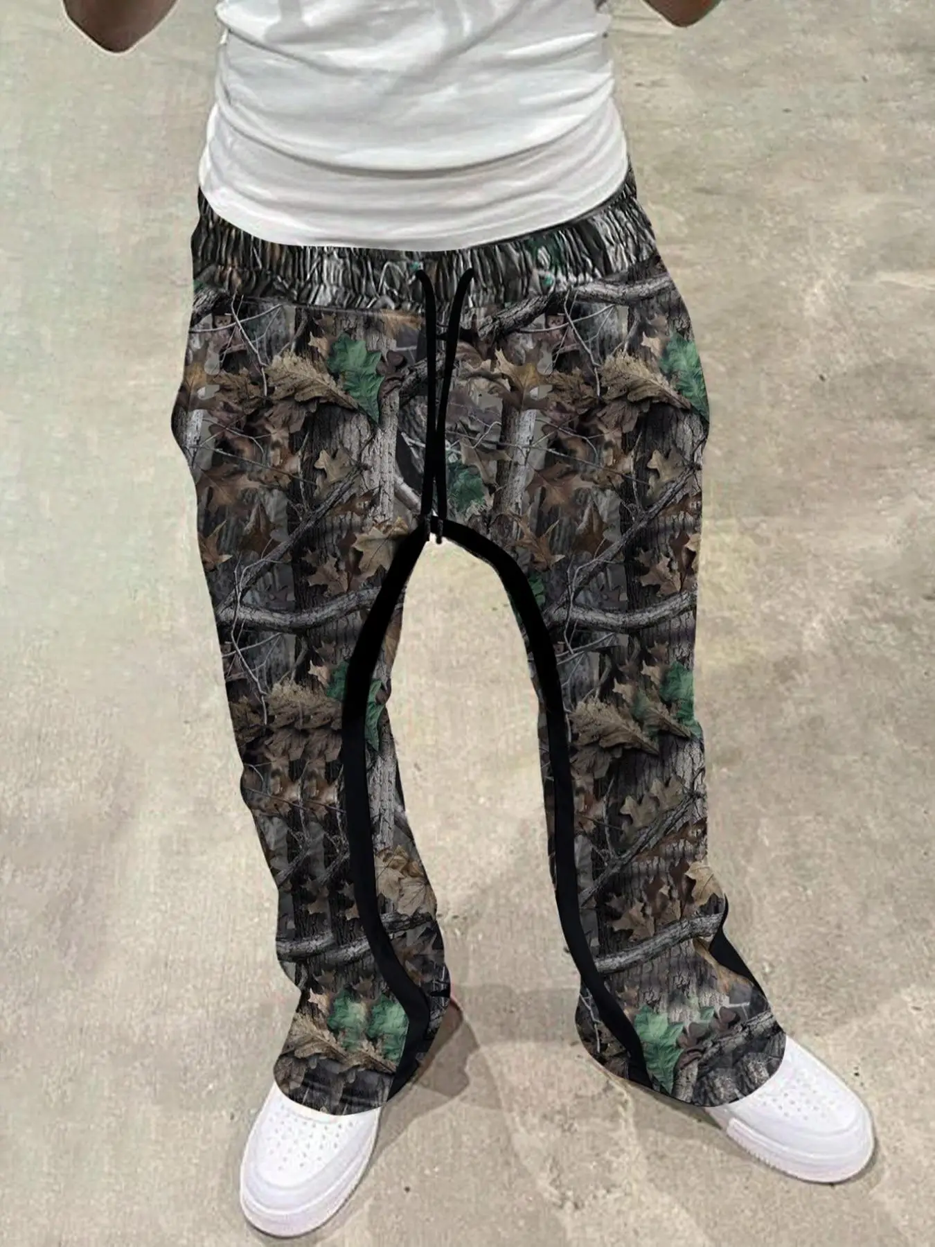 Men's All Over Print Patchwork Drawstring Waist Flare Leg Pants, Y2k Regular Fit Casual Comfy Pocket Trousers for Fall & Winter, Men's Bottoms for Dai