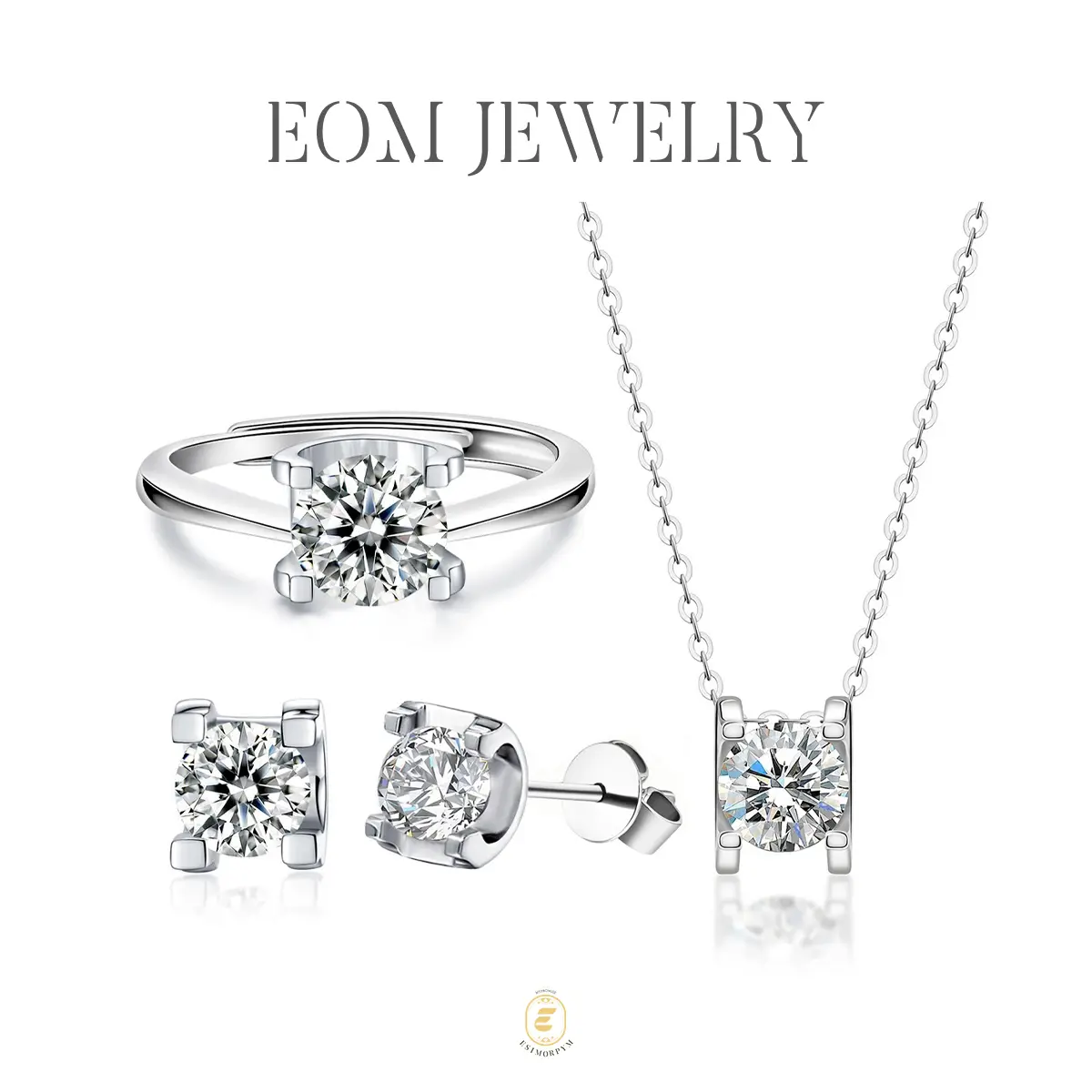 Moissanite 1ct Classic Solitaire Prong Jewelry Set Silver-Plated Earrings Ring Necklace Set for Birthday Wedding Engagement Anniversary Gift Daily Wear