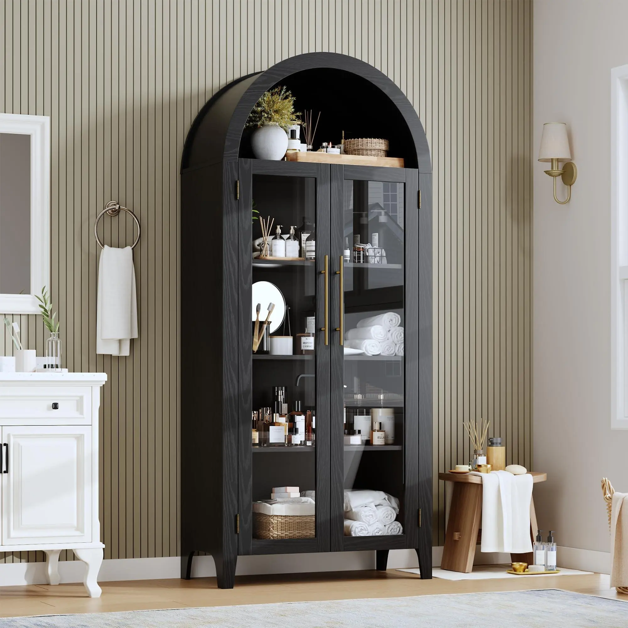 Black Relief 5-Tier Arched Glass Door Pantry Cabinet - Single Unit, Adjustable Shelves, Farmhouse Look, Mountain Embossed Texture, Dustproof Arch Glass Door, Arched Top
