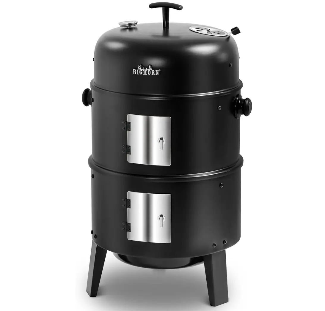 BIG HORN OUTDOORS 16 inch Charcoal Smoker, Vertical BBQ Grill, Heavy Duty 4 In 1 Fire Pit with Built-in Thermometer & Adjustable Vent System for Backy