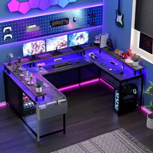 126 Inch U Shaped Home Office Desk With Reversible L Shape Dynamic Rgb Led Lighting Built In Power Outlets Usb Ports Full Monitor Stand Storage Shelves Hooks Storage Bag Durable Gaming Computer Workstation Gray