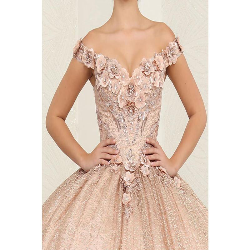 Layla K LK255 Champagne Off-Shoulder Quince Gown with Detachable Tail