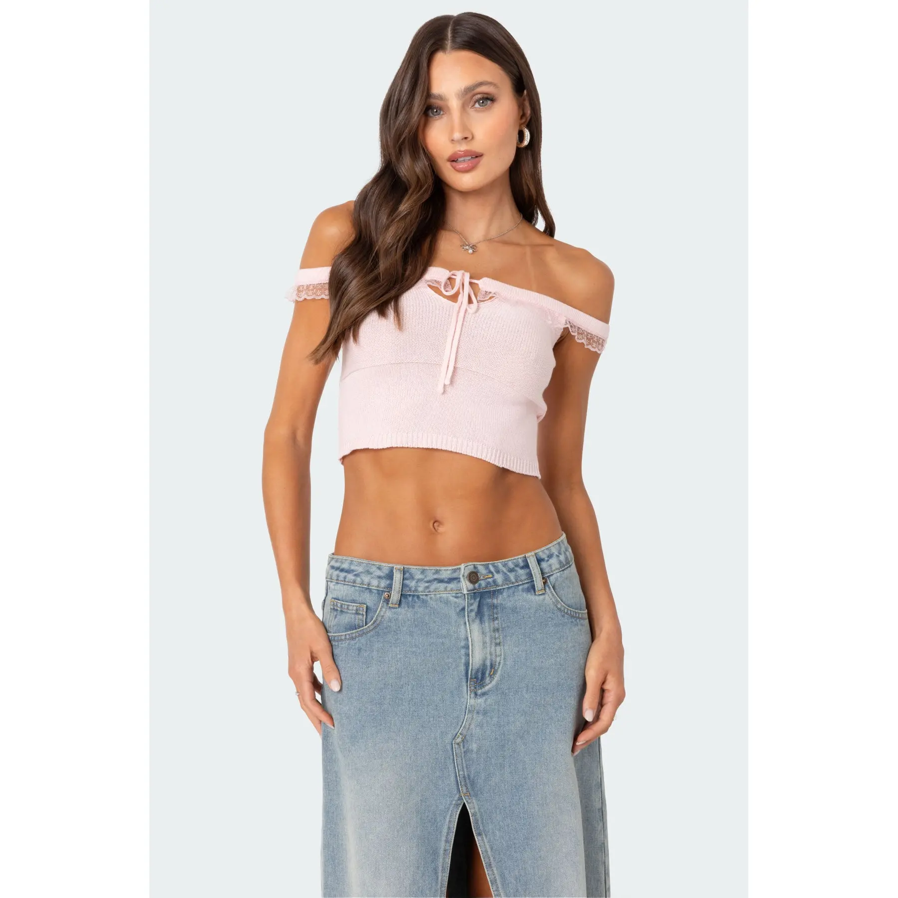 Off Shoulder Trimmed Knit Top