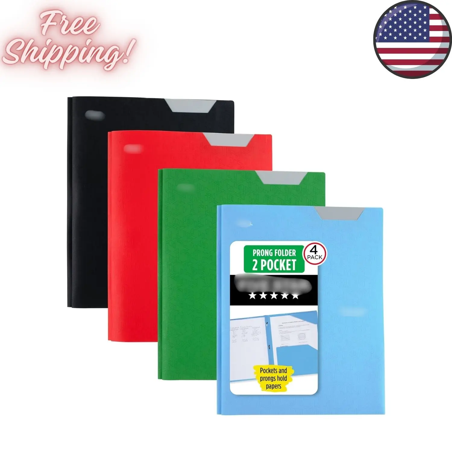 2-Pocket Plastic Folder with Stay-Put Tabs and Prong Fasteners, Holds 8.5" x 11"