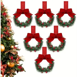 6 Christmas Kitchen Cabinet Wreaths with Fringe, Berry Mini Wreath, Farmhouse Style Holiday Decor, Classic Design, Durable Plastic
