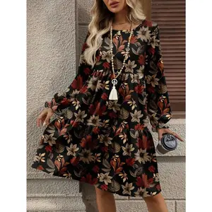 Casual Elegant Women's Mid-Length Dress, Autumn/Winter Fall Dress For Women Women Long Sleeve Floral Dress Autumn Dress Fall Floral Dress Boho Floral Dress