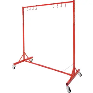 KQQIO Adjustable 5-7 ft Tall Automotive Painting Drying Rack, Red Steel Auto Body Stand for Hoods & Doors, w/ 8 Hooks, 4 Swiveling Wheels, Includes Manual