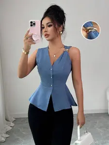 ELI New Summer Simple Elegance Fashion Aesthetic Metal Buckle Design Waist Cinching Slim Fit V Neck Sleeveless Shirt for Women