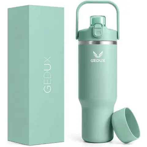 32oz/40oz (1000-2000ml) Vacuum Insulated Stainless Steel Sports Water Bottle Flask - Single, Portable, Heatproof, Anti-Scalding, Handle, 2-in-1 Chug Lid Quick Sip & Straw Sip Handsfree Lid, Silicone Boot, for Outdoor Adults Hydration, Flasks