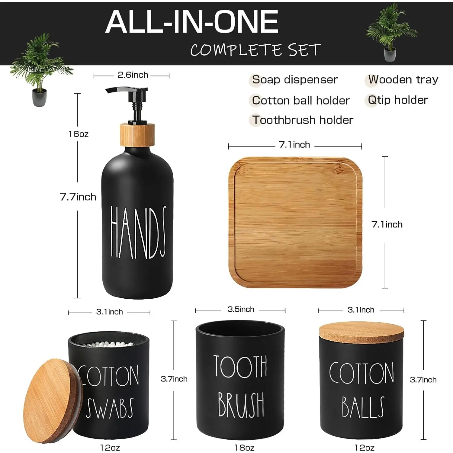 Matte Black Bathroom Accessories Set, 5 Pcs Glass Bathroom Accessory Set with Bamboo Tray, Soap Dispenser and Toothbrush Holder Set, Qtip Holder Set, Farmhouse Boho Bathroom Set Complete
